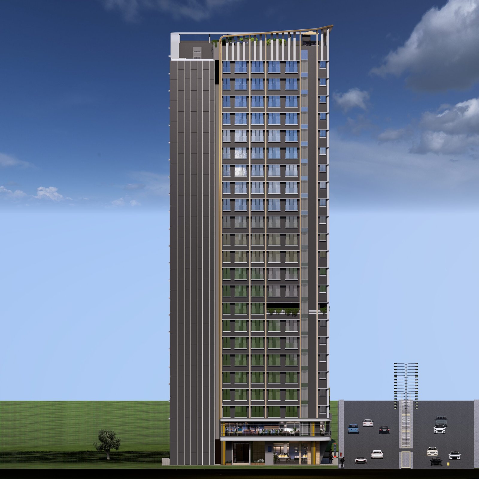 Luxury high-rise residential tower with long height mirror view facade in Kandivali West