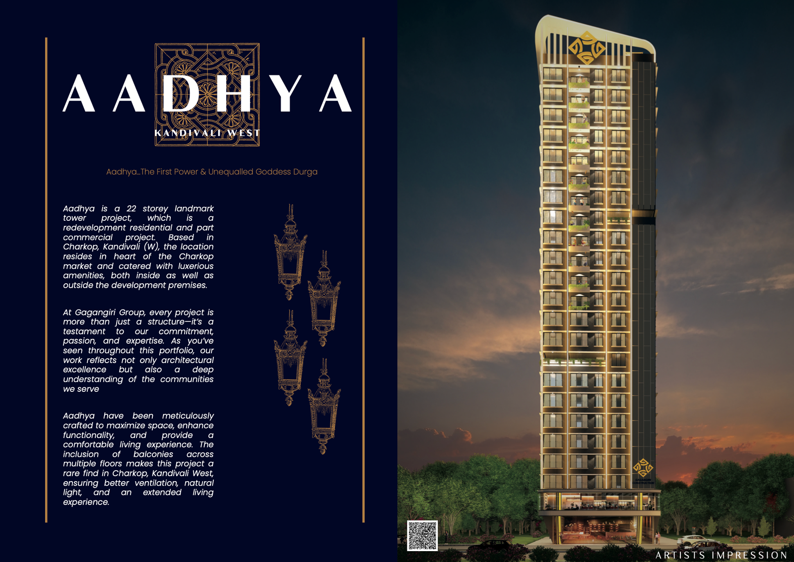 Luxury high-rise tower with modern long-height architecture and bright evening lighting creating an elegant skyline view