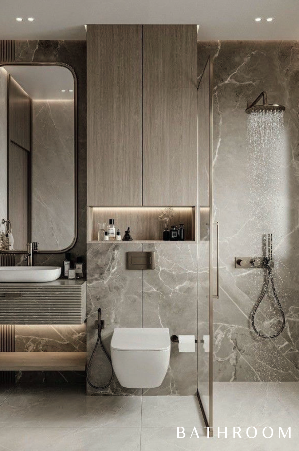 Luxury modern bathroom interior with premium finishes and elegant lighting at this upscale residential project