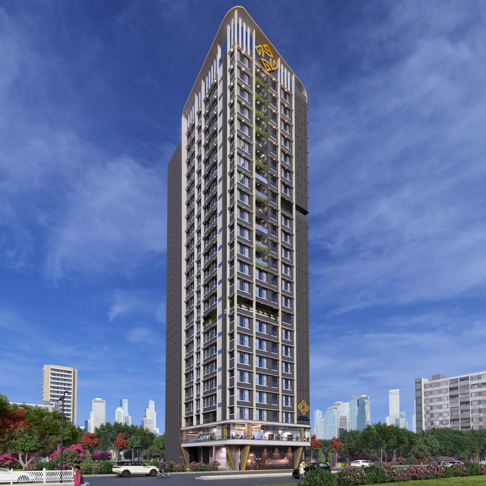 Luxury high-rise residential tower with long height mirror view facade in Kandivali West